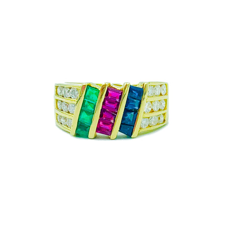 Diamond Tri-color Ruby Emerald Sapphire Ring Yellow Gold 18k